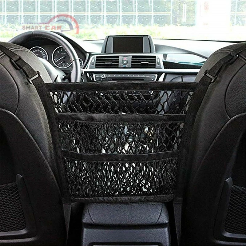 

Car Net Organizer Standard Between Seat Mesh Storage Net with Pockets Front Seat Dog Barrier for Cars Trucks
