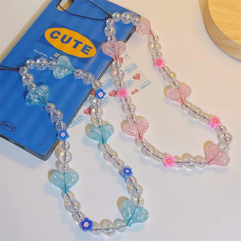 

Resin Shine Heart Acrylic Material Transparent Beads Lanyard Ins Pink Blue Sweet Soft Pottery Flower Phone Chain Female Jewelry