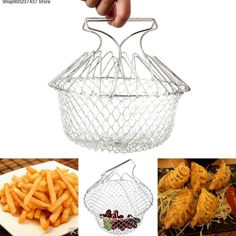 

Kitchen Cooking Tool High Quality 1Pc Foldable Fry Basket Steam Rinse Strain magic basket mesh basket Strainer Net