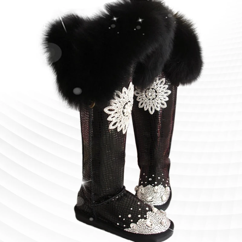 

Fur integrated sequins plus velvet thickening warm and comfortable handmade rhinestones and leg boots 35-44
