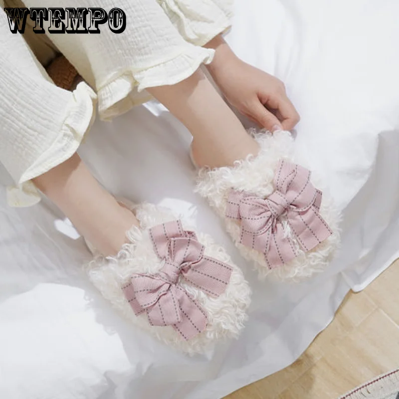 WTEMPO Winter Cotton Slippers Bow Tie Cute Thick Bottom Student Slippers Female Home Plush Anti-slip Warm Shoes Wholesale