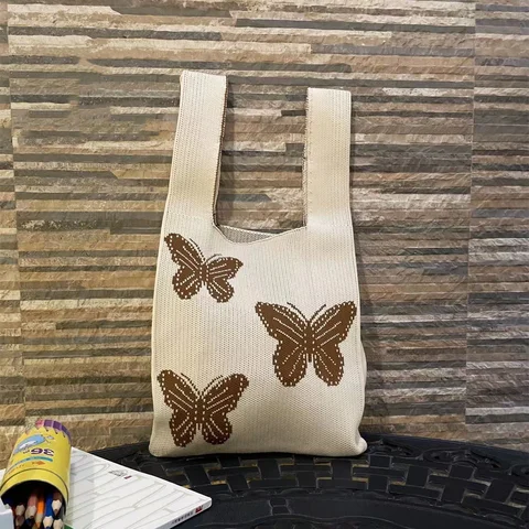 Женская эстетичная вязаная сумка-тоут Y2K в виде бабочки с волшебным сердечником, модная повседневная сумка-тоут в стиле гранж 90-х годов, среднего размера, вязаная крючком сумка для покупок