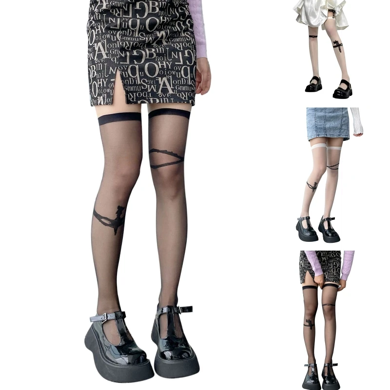 

Женские летние шелковистые ультратонкие прозрачные высокие чулки до бедра, длинные чулки выше колена с принтом в виде искусственного меча ...