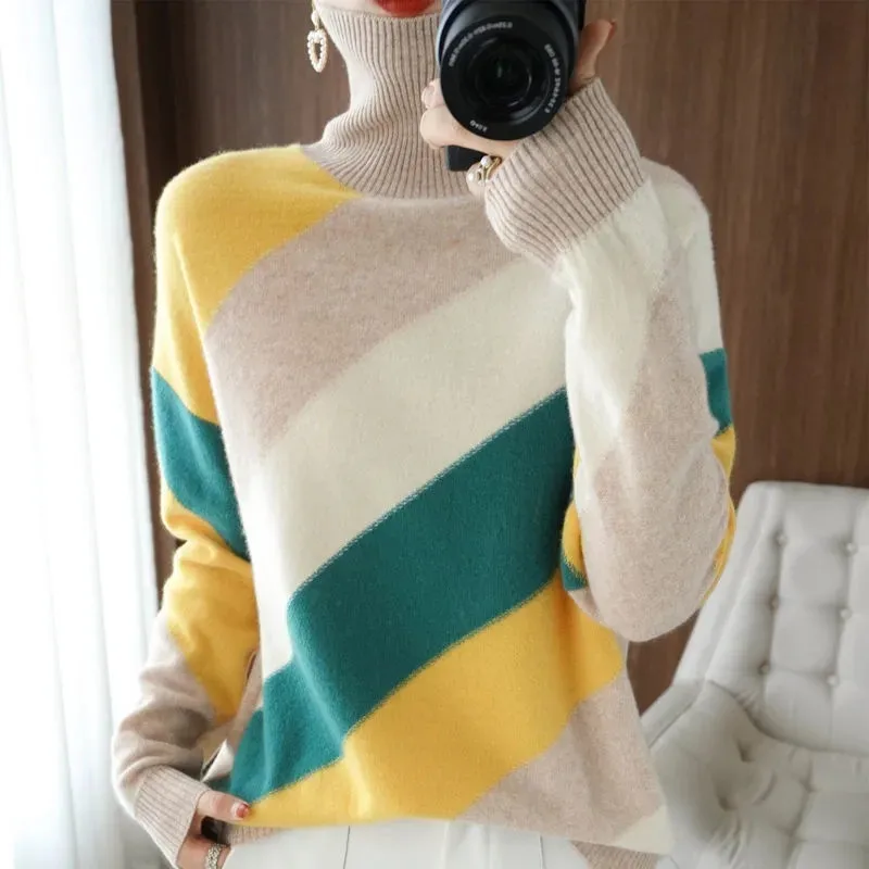 

Turtleneck Sweater Women's Spring Autumn New Contrast Color Striped Pullover Loose Fashion Knitted Bottoming Female Clothing 053