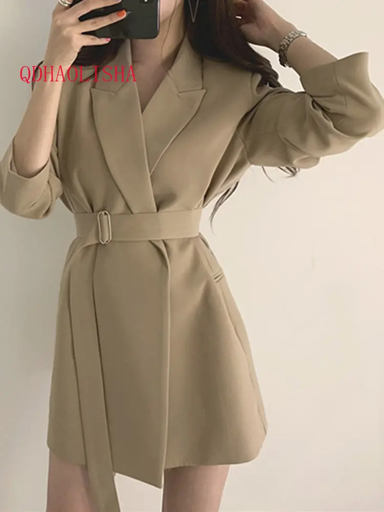 

2023 Spring New Korean Version Small Suit Medium Long Style Retro Belt Women's Casual Temperament Suit Coat Women Blazer Mujer