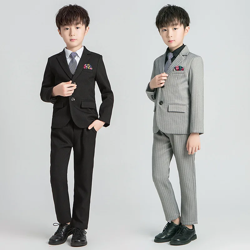 

3-16y Kids Blazers Autumn Spring Boys Casual Suit Jackets Coat + Pants + Vest + Tie 4pcs Sets Striped Children Clothes H89107