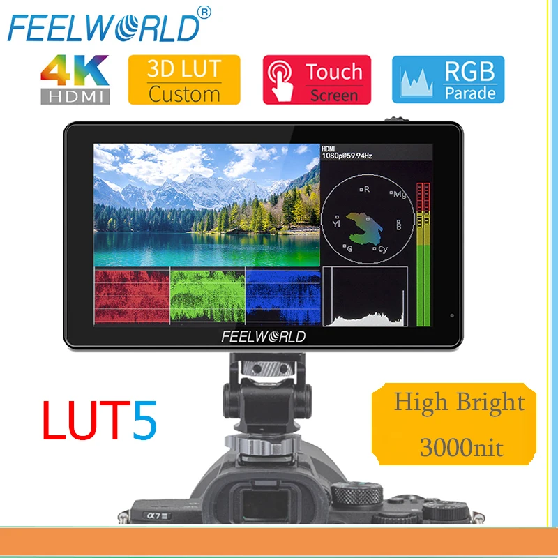 

Feelworld LUT5 5.5 Inch 3000nit On Camera Monitor 4K HDMI-compatible IPS Panel 3D LUT Touch Screen DSLR Field Monitor
