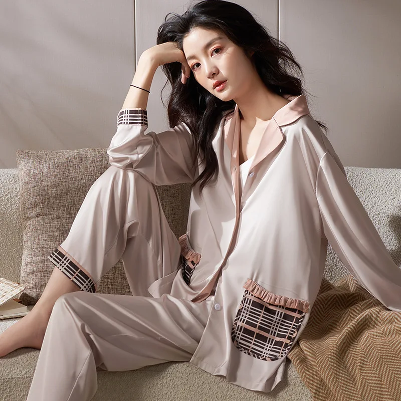 2023 New Ice Silk Pajamas Women's Spring and Autumn Long Sleeve Summer Thin High-Grade Imitation Silk Home Wear Suit