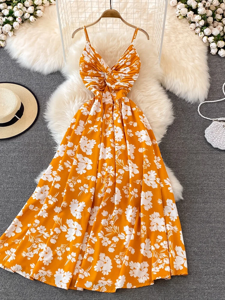 

Женское пляжное длинное платье, летние сексуальные платья с V-образным вырезом на бретелях-спагетти с открытой спиной, цветочные платья в ст...