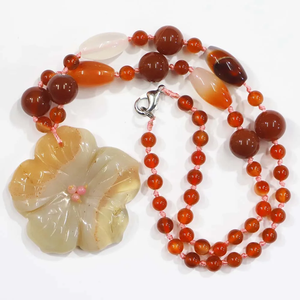 Natural  High Quality Magnolia Flower Knotted With Precious  Necklace Fashion Pendants Women Ethnic Beaded Sweater Chain Jewelr