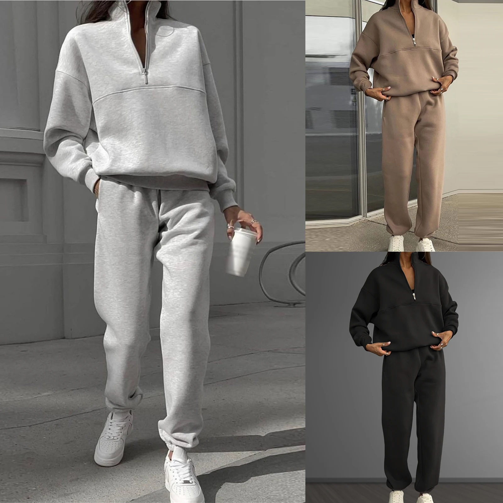 

Женский комплект из 2 предметов на половинной молнии, толстовка с воротником-стойкой и длинными рукавами, брюки с капюшоном, спортивный стиль, повседневная рубашка, топ, брюки, наряд для отдыха