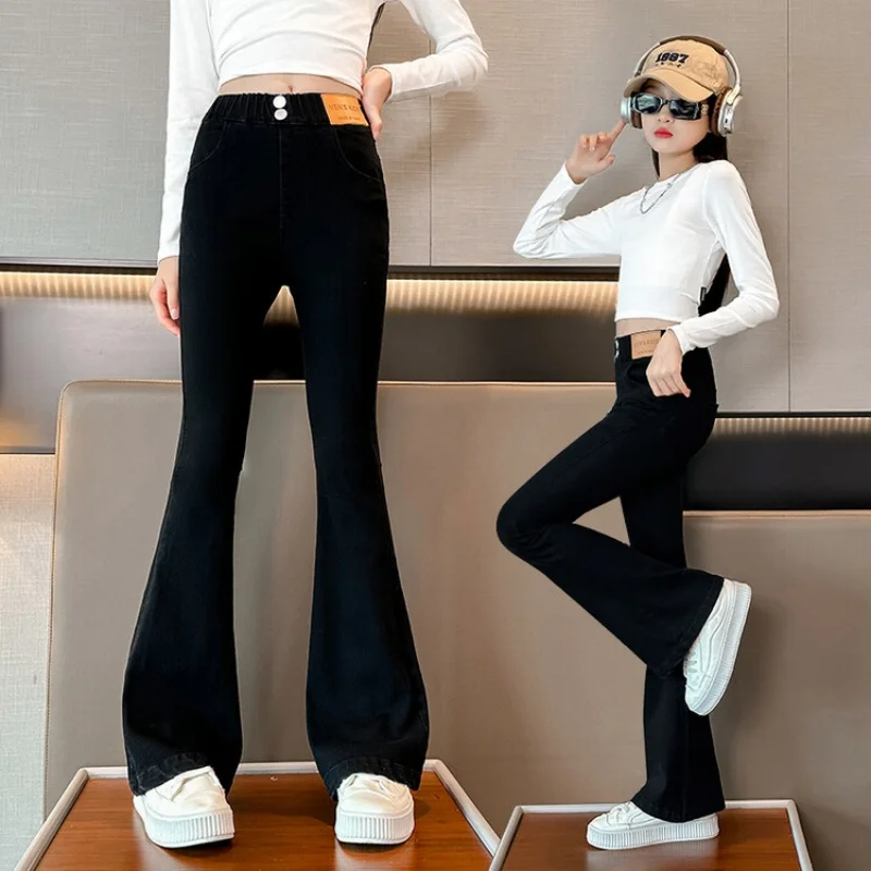 Черные расклешенные брюки для девочек новые весенне-осенние облегающие джинсы с