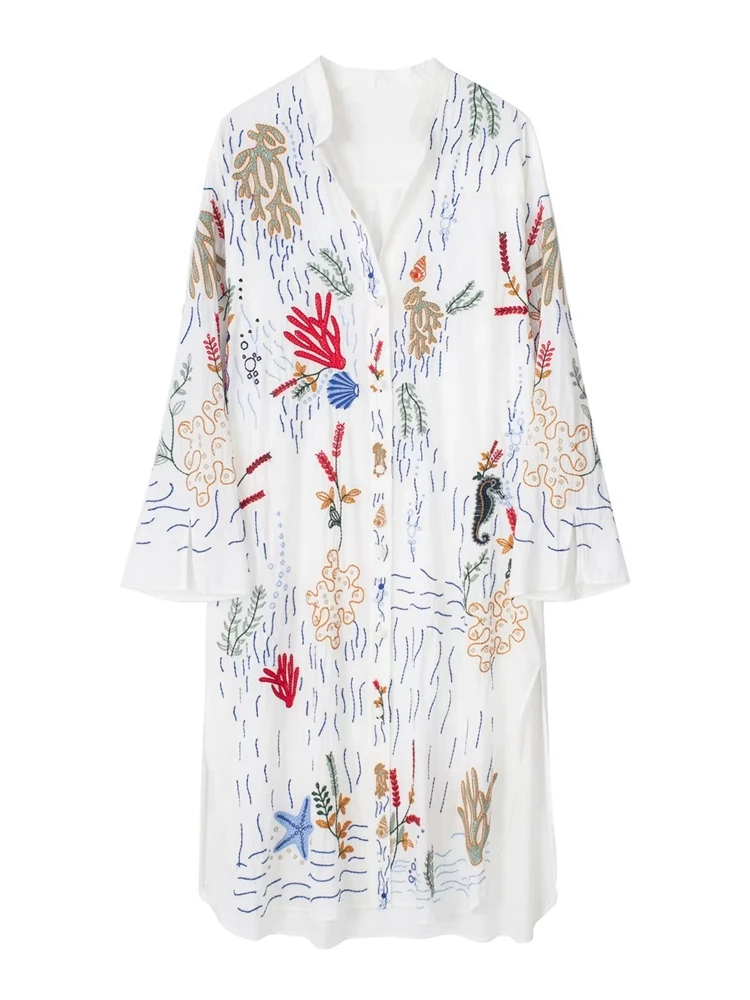 

Женское свободное Хлопковое платье MOYATIIY с вышивкой, новинка 2023, весенние женские платья-рубашки с длинным рукавом, свободное женское платье оверсайз