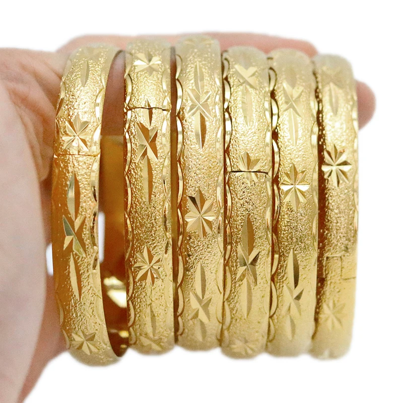 

Openable Dubai Gold Bangles 64mm*8mm Width Women Men 6pcs Gold Bracelets African European Ethiopia Girls Bride Bangles Gift