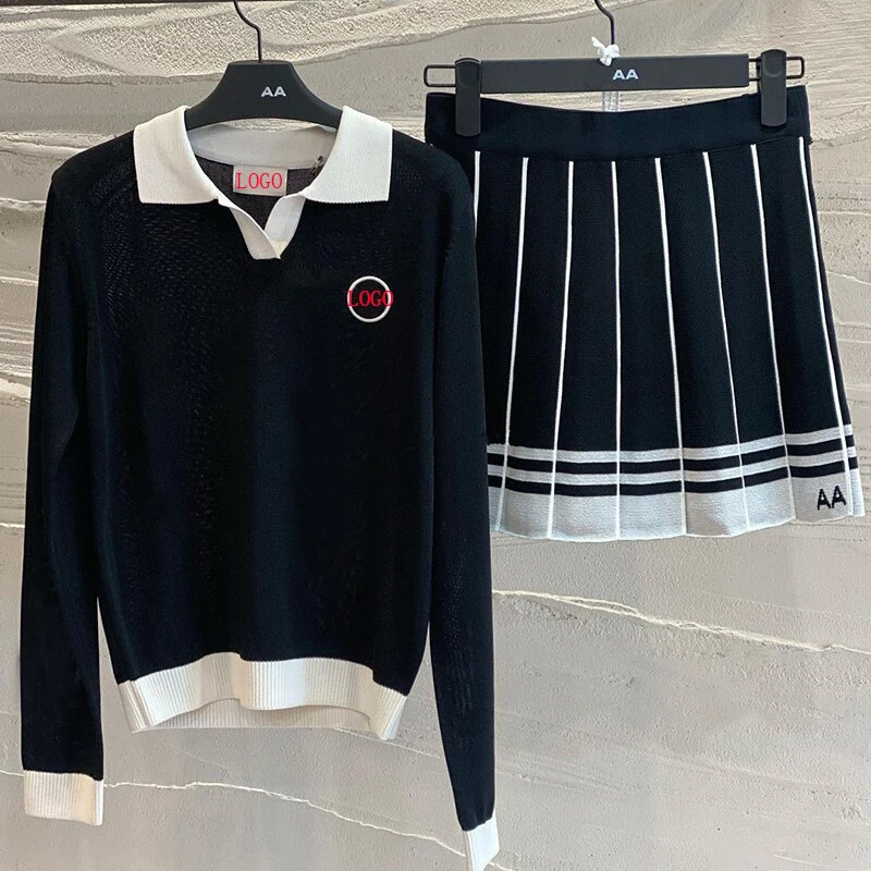 

Autumn winter New Golf Women's Knitted Long Sleeve Short Skirt Suit Embroidered Top golf wear for women