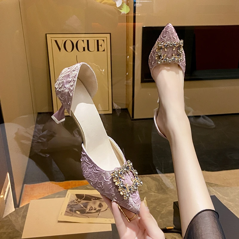 Women High Heel Pumps 6cm/9cm  Pointed Toe Stiletto Low Heel Women's Shoes Office Lady Rhinestone Shoes Pink Heels  Wedding