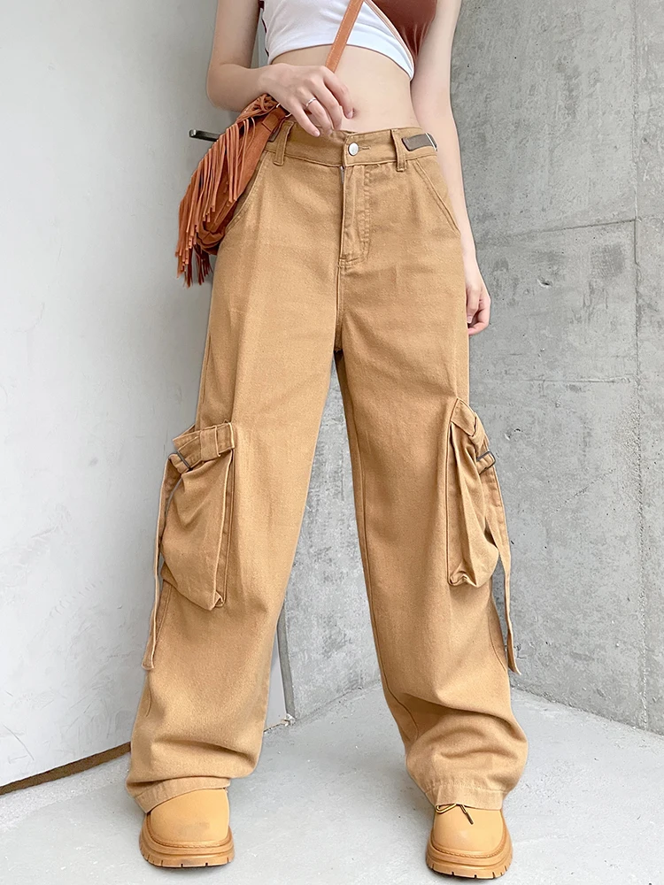 

WeiYao Women Khaki Denim Pockets Cargo Pants Vintage 90s Low Waist Baggy Jeans Korean Fashion Streetwear Straight Leg Trousers