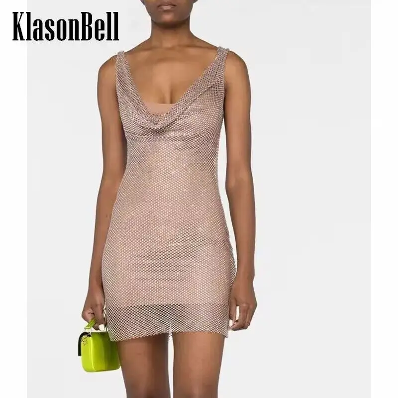 4.18 KlasonBell Fashion Luxury Sexy See-Through Mesh Diamonds Crystal With Spaghetti Strap Lining Dress Women