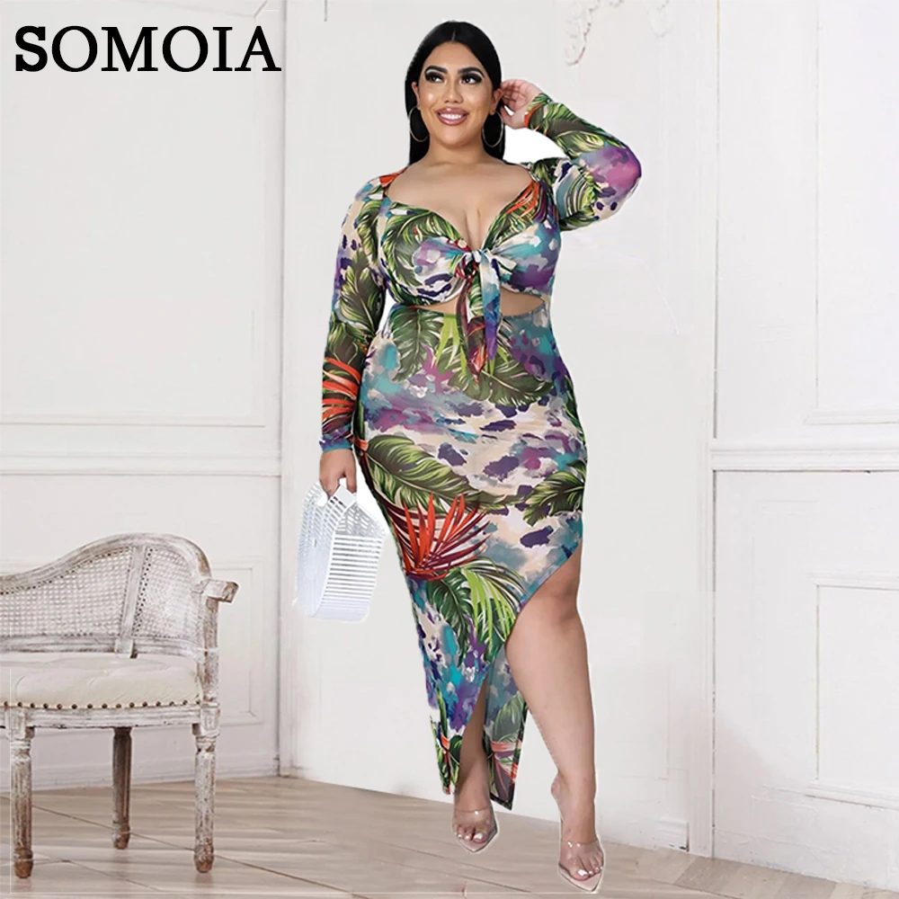 

Plus Size Women's Clothing Sexy Asymmetrical Crop Maxi Dress Lace Up Floral Print Sundress Casual Beachwear Dresses for Women