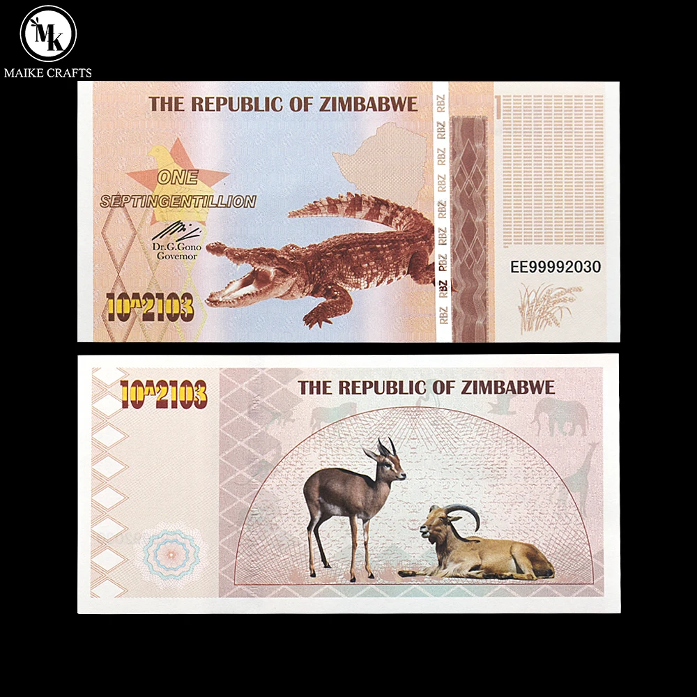 

Zimbabwe One Septingentillion Dollar Crocodile Banknote with UV Anti-counterfeit Serial Number Paper Money Collection Gift