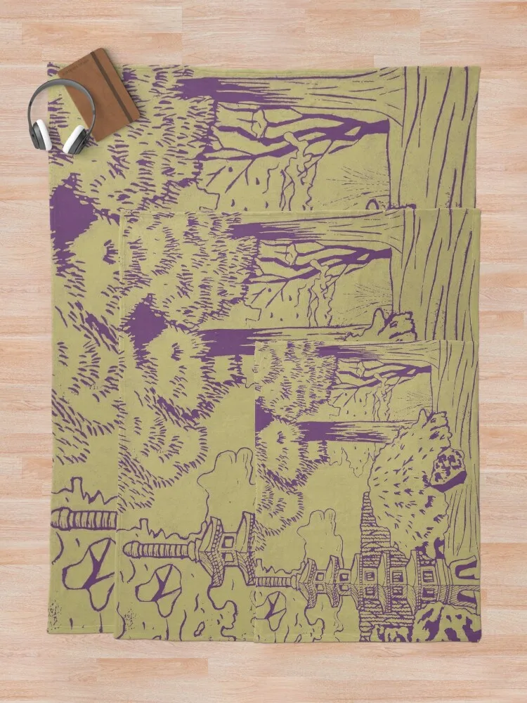 Японский сад с принтом пагоды Linocut — сливовое + золотое одеяло мягкие роскошные