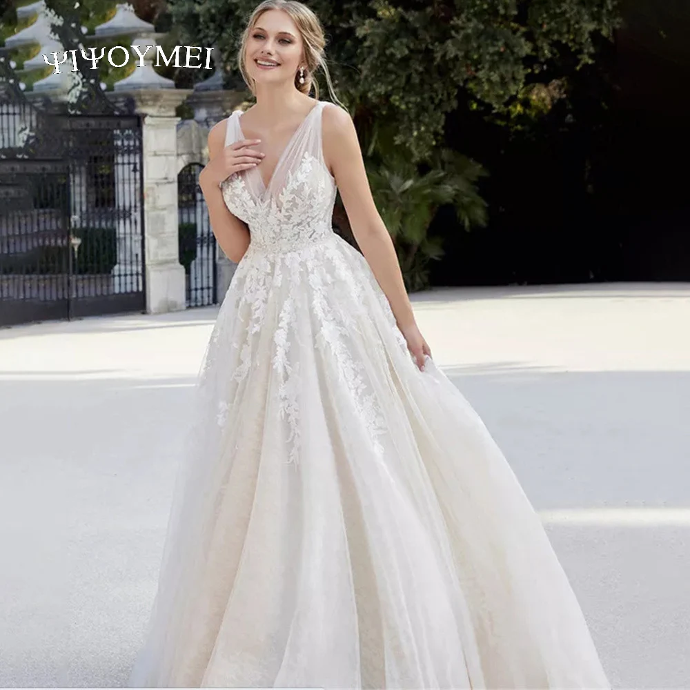 

Простое шикарное свадебное платье в стиле бохо, модель 2022 года, трапециевидная юбка с V-образным вырезом, аппликация без рукавов, элегантное ...
