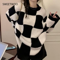 korean fashion plaid sweater oversize sweet girl vintage clothes autumn winter checkerboard knit jumper retro pullover slim 2022