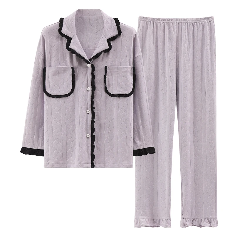 

Plus Size Women's Pajamas Set Lace Trim Lapel Contrast Piping Pocket Patched Solid Long Sleeves and Pants Nightwear Lougewear