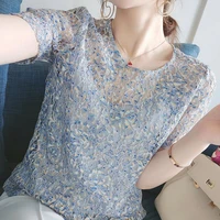 retro v neck small floral puff sleeves short sleeved chiffon shirt 2021 summer thin design shirt female niche