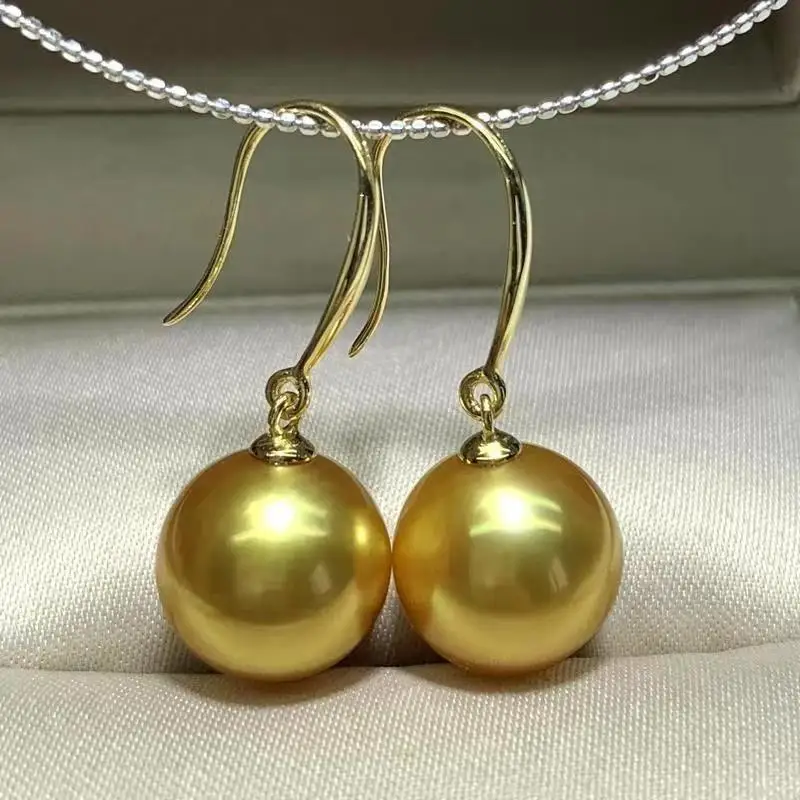 OIMG Интенсивные золотые круглые крючки для ушей из перламутра диаметром 14-15 мм