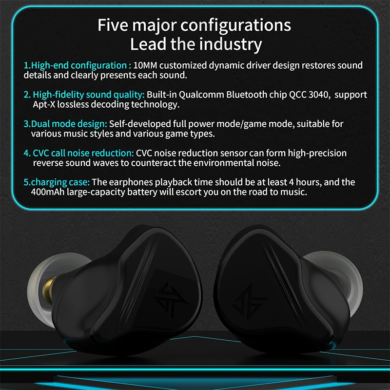 KZ VXS TWS Bluetooth-Compatible 5.2 Earphone Wireless Headphone Sport Earbuds Game Headset HiFi Stereo Bass In Ear HD Microphone