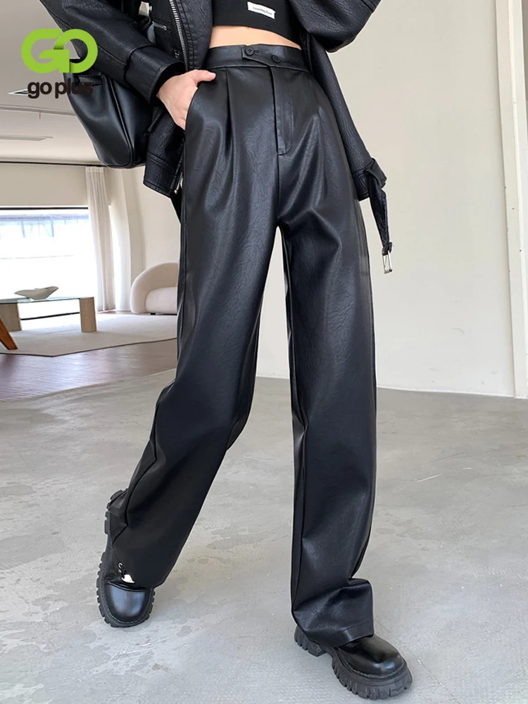 

GOPLUS Winter High Waist Pants Korean Fashion Pu Leather Trousers Vintage Wide Leg Baggy Black Pants Pantalon Cuir Femme C60534