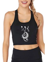 casual musical note cat print breathable slim fit tank top womens customization yoga sports training crop tops
