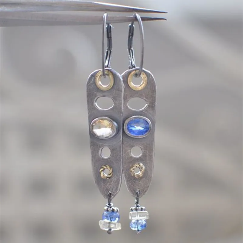 

New Fashion Super Long Hollow Metal Inlaid Blue Crystal Boho Earrings Vintage Handmade Pendant Dangle Female Earrings