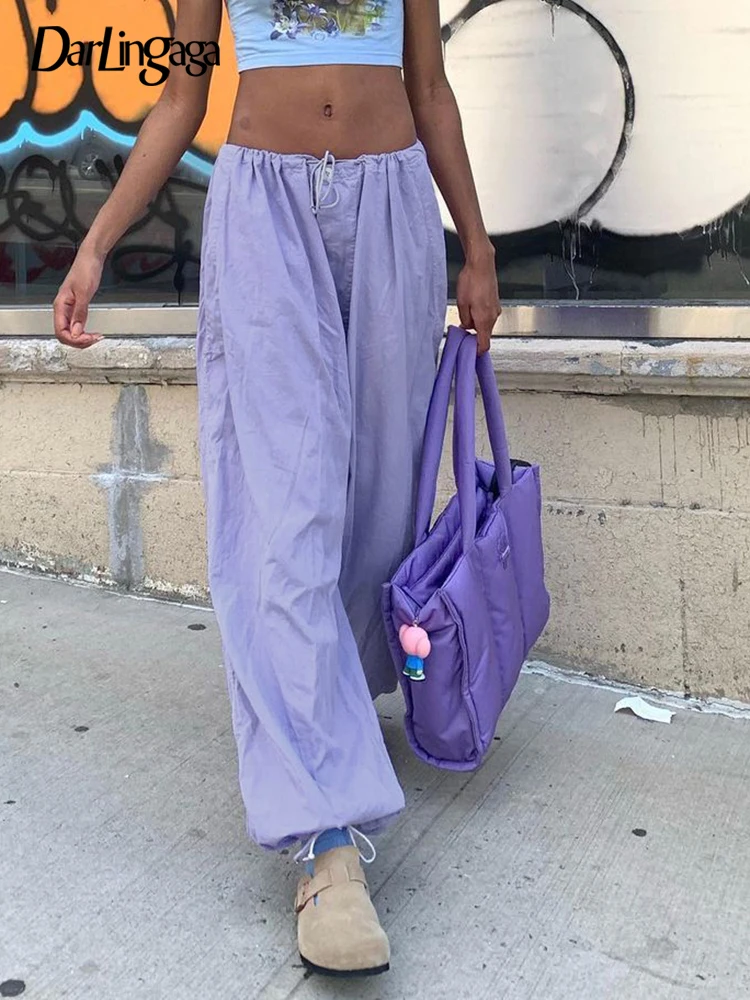 

Darlingaga Streetwear Purple Drawstring Low Waist Bloomers Women Pants Oversized Casual Sporty Baggy Trousers Tech Joggers Cloth