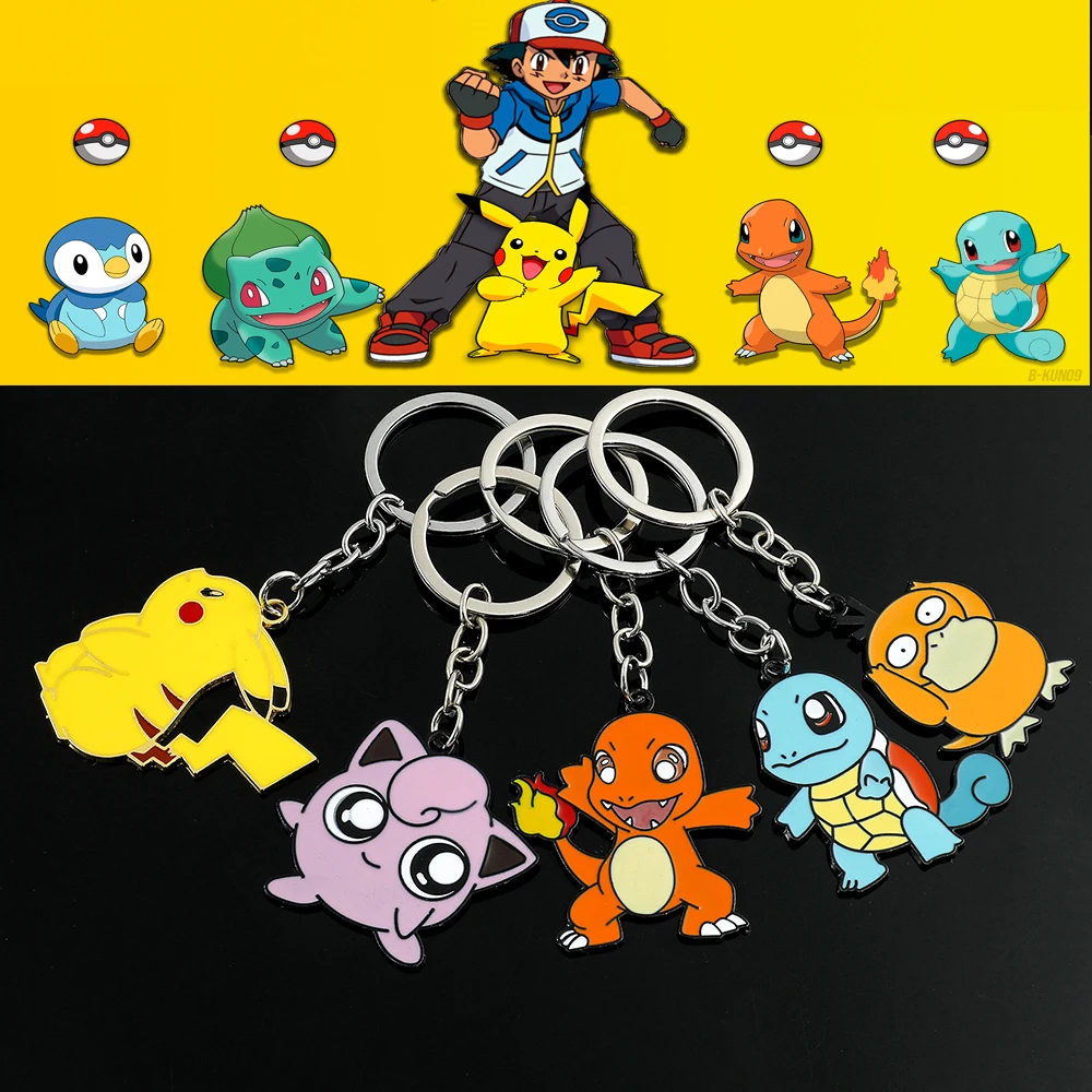 

Cartoon Anime Pokémon Keychain Kawaii Pikachu Charmander Squirtle Metal Enamel Model Keyring Women Backpack Ornament Toy Gift