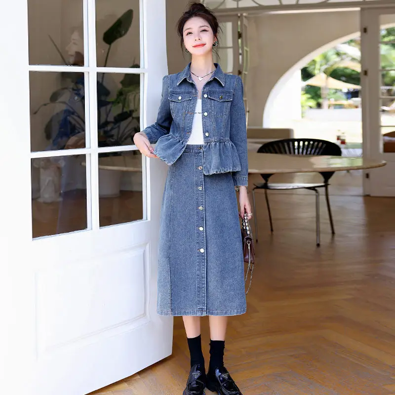 2022 Autumn Women's Slim Denim Jacket And Skirt Set Women Korean Elegant Tops Two-Piece Fashion Casual Suit Jeans Outfit T636