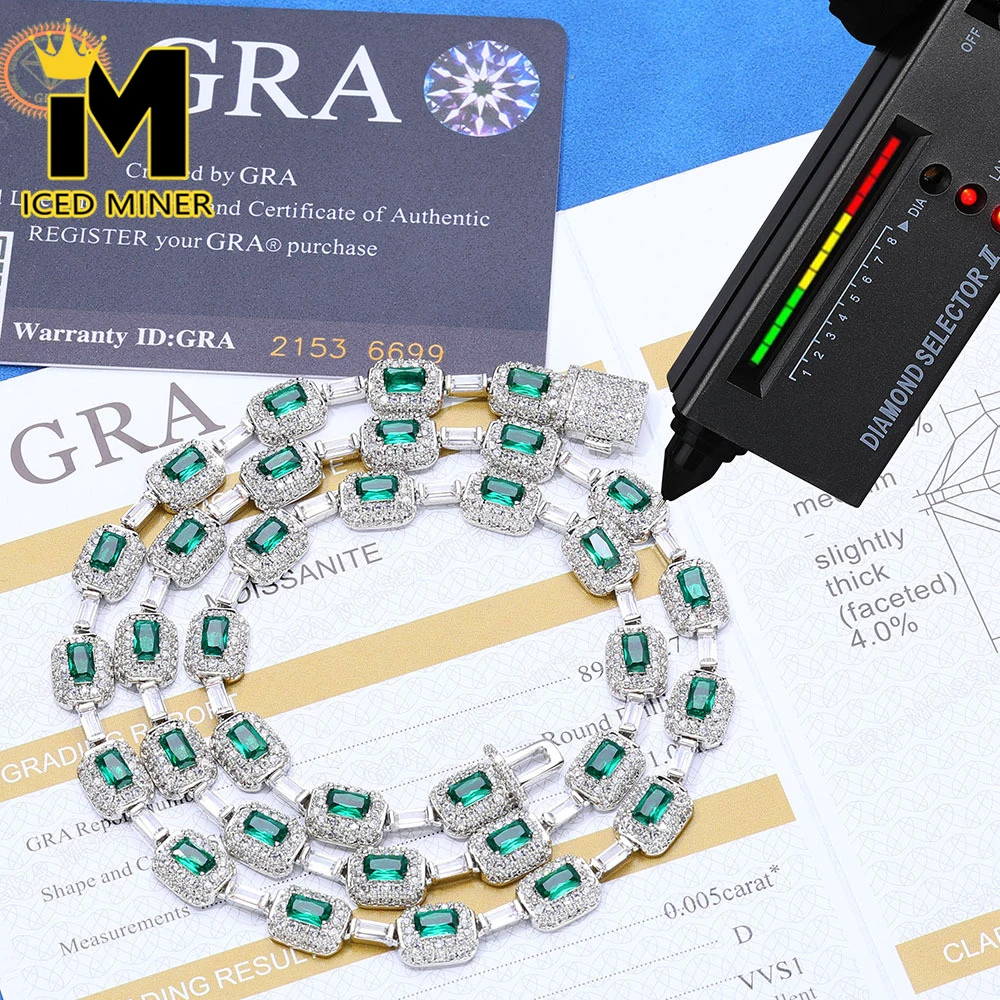 Фото Ожерелье Icedminer с зелеными багетами из муассанита 7 мм, серебро S925, для мужчин, цепочка Iced Out, хип-хоп украшения, проходит тестер GRA, бесплатная доставка №1