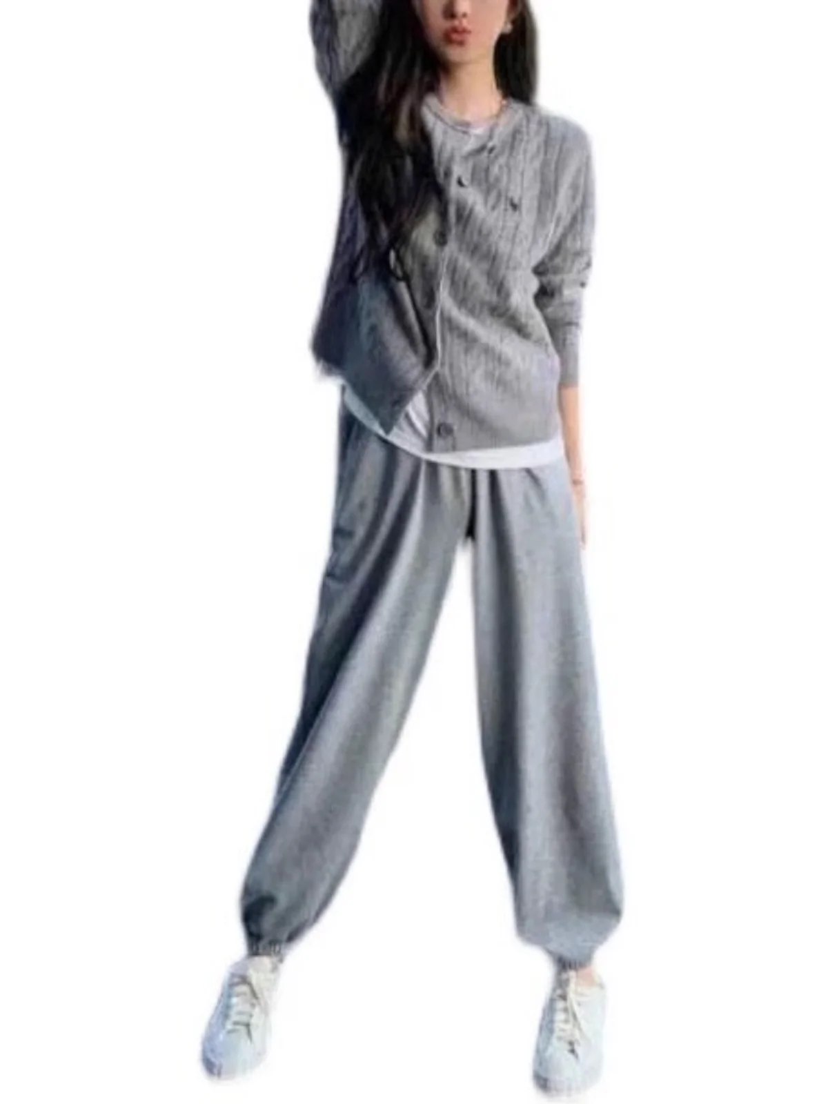 Шерстяной вязаный кардиган с круглым вырезом женский осенне-зимний свитер в