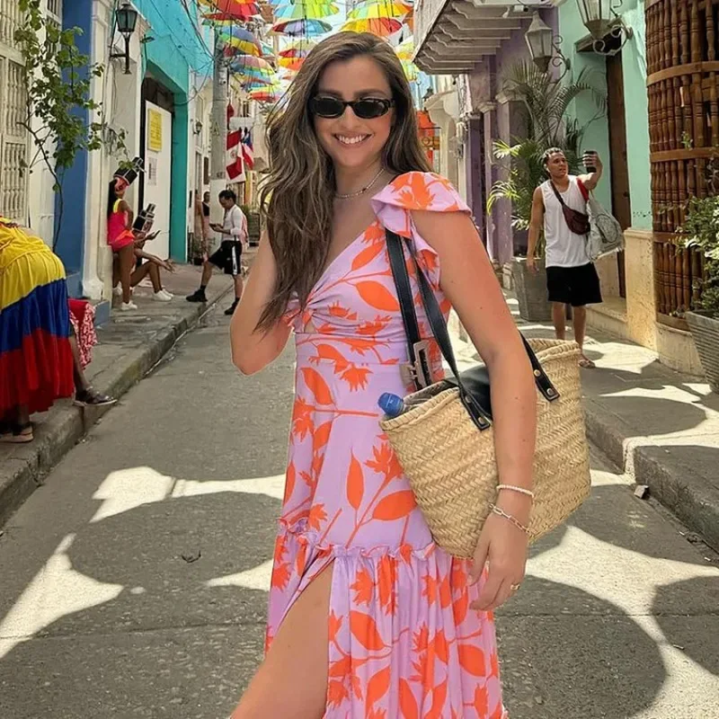 Женский купальник и юбка для отдыха V-образный вырез с принтом оранжевых листьев