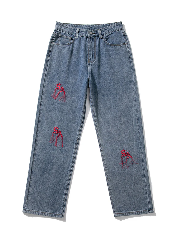 American Trend Vibe Style High Street Letter Embroidery Letter Straight Jeans Men's Street Wide-leg Trousers Luxury Men Clothing