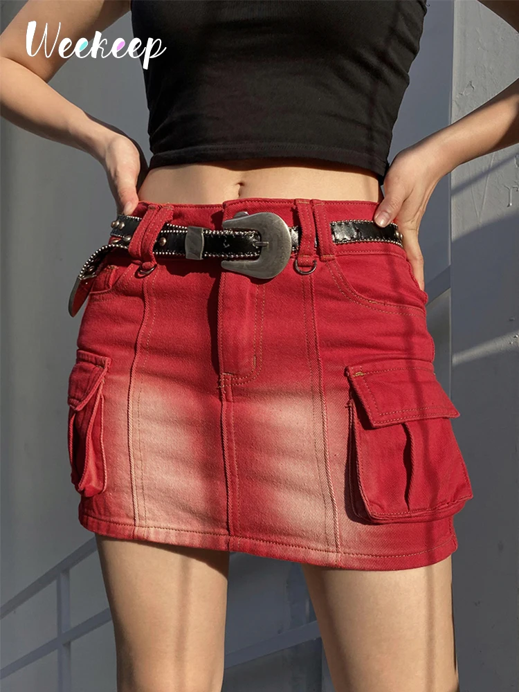 Weekeep панк джинсовая юбка женская уличная с низкой посадкой карманами и рисунком