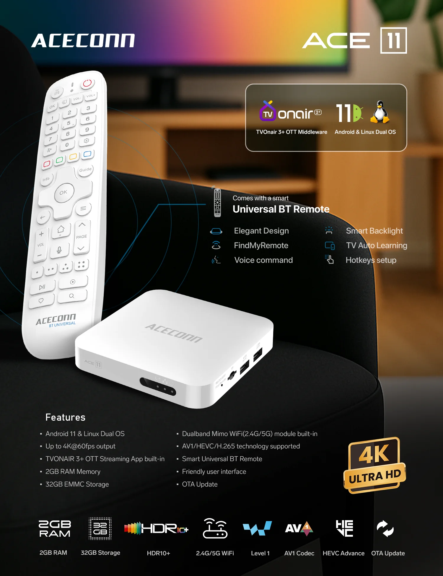 ТВ-приставка ACECONN Streaming Android Linux IPTV 4K HDR10+ TVONAIR3+ с двойным Wi-Fi, функцией автоматического обучения, горячими клавишами, подсветкой и Bluetooth-пультом ACE11 (art.: 3920da3d49fc9) - 3920da3d49fc9