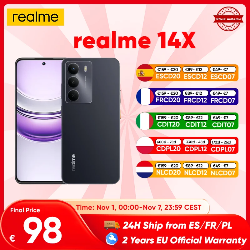 Realme 14x Smartphone Dimensity 6300 5G 6,67 ''120Hz Pantalla de comodidad ocular 5000mAh Bateria 50MP Al Camara Version global