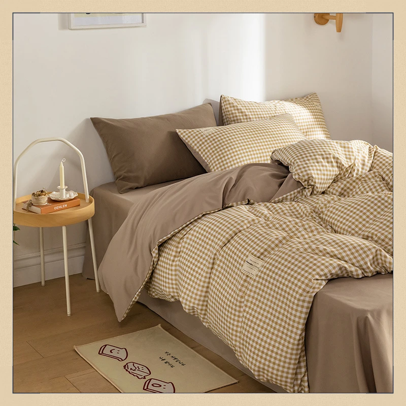 

Plaid Duvet Cover Set with Sheets Japan Style Queen Size Skin Friendly Bedding Set King Single Double High Quality Bedding Sets
