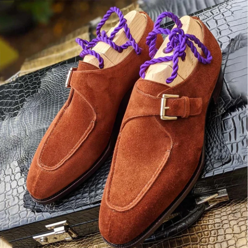 

Fashion Pointed Imitation Suede Men's 2022 Spring and Autumn Casual Shoes Belt Buckle Decorative Flat Bottom Square Heels 8KH651