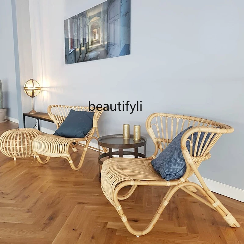 

zqRattan Chair Couch Nordic Single Balcony Living Room Real Wicker Lounger