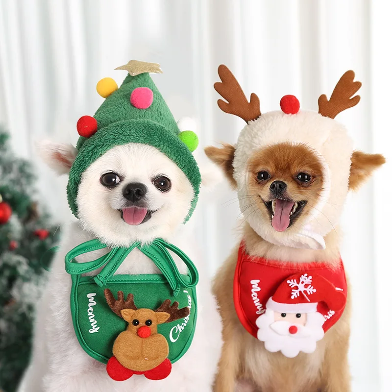 

1pcs Father Christmas and Tree Shape Saliva Towel and Cap for Dogs Cats Christmas Shape Collar and Hat for Dogs Cats Supplies