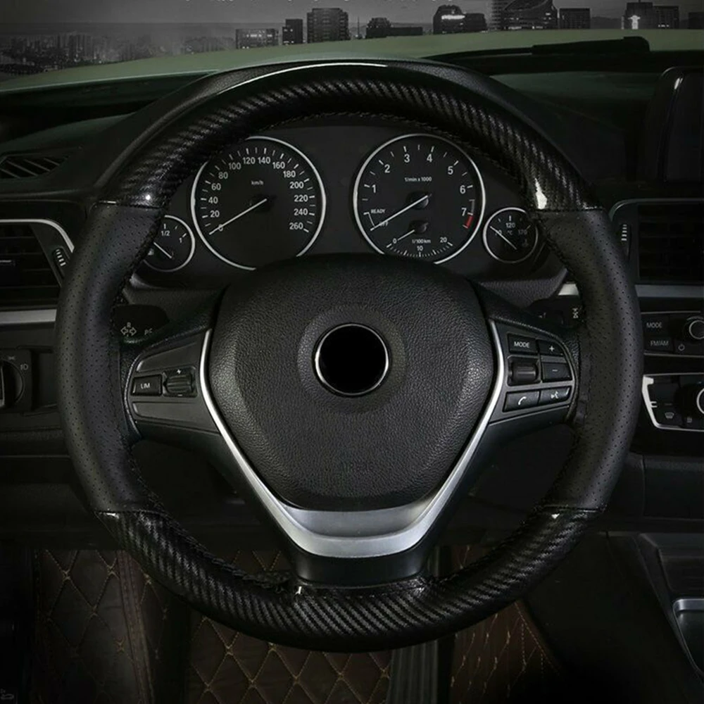 

15\\\\\\\\\\\\\\\"/38cm Steering wheel cover 1pc Accessories Black Car Carbon DIY Leather Parts Replacement With Needles&Thread
