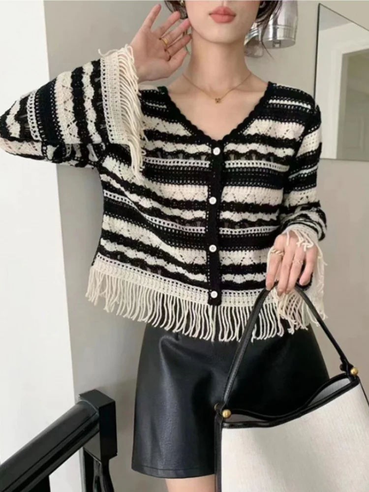 

Женский трикотажный кардиган с бахромой, вязаный кардиган в полоску контрастных цветов в стиле ретро, Осень-зима 2023